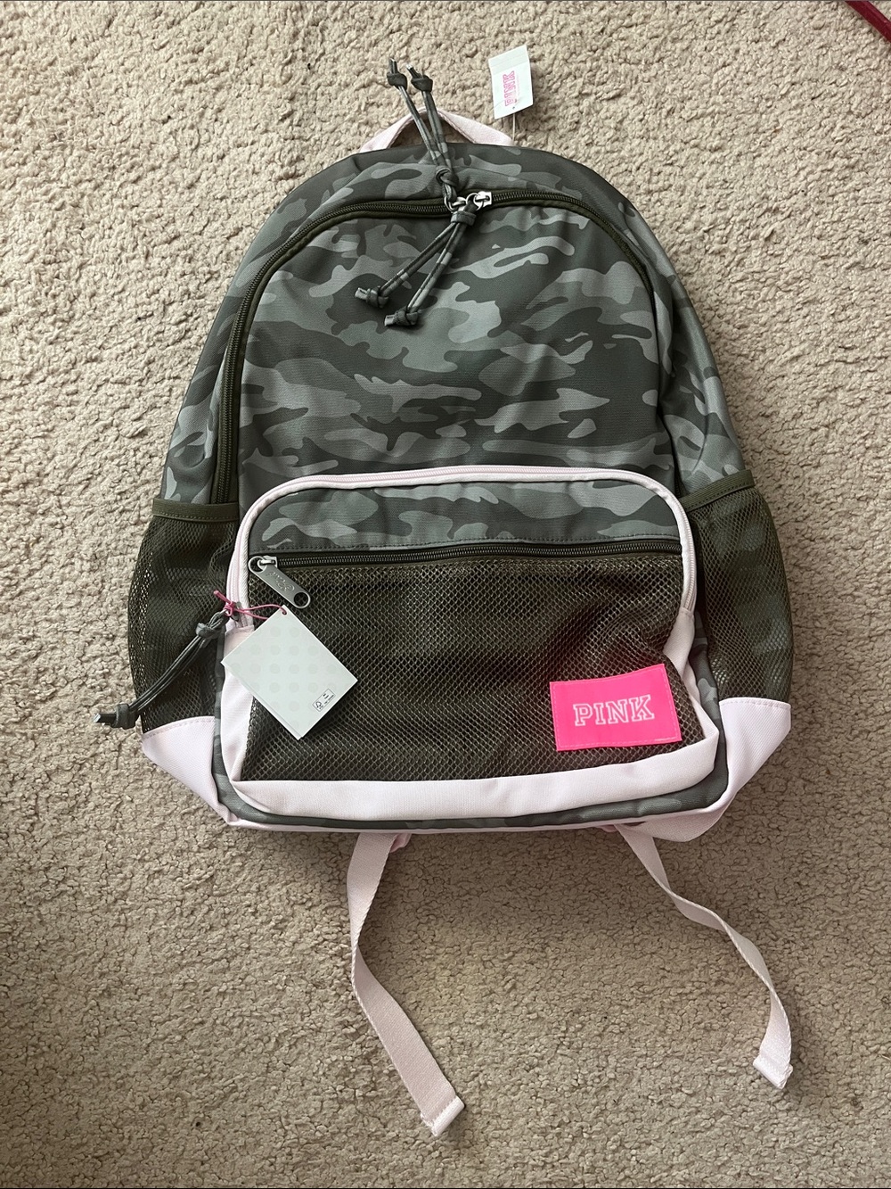 PINK Victoria's Secret Olive Camo Backpack with Light Pink Trim